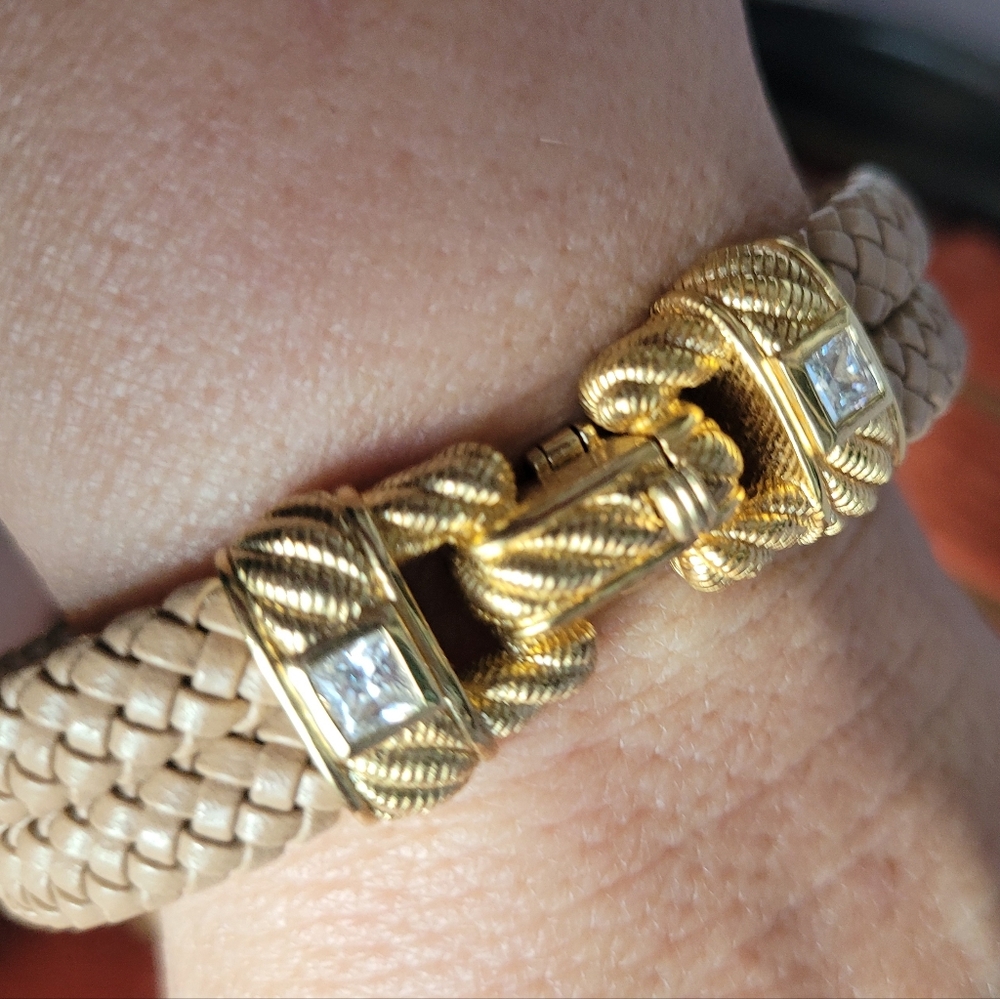 Judith Ripka Gold and Beige Braided Leather Bracelet with Crystal Accents - Picture 8 of 8